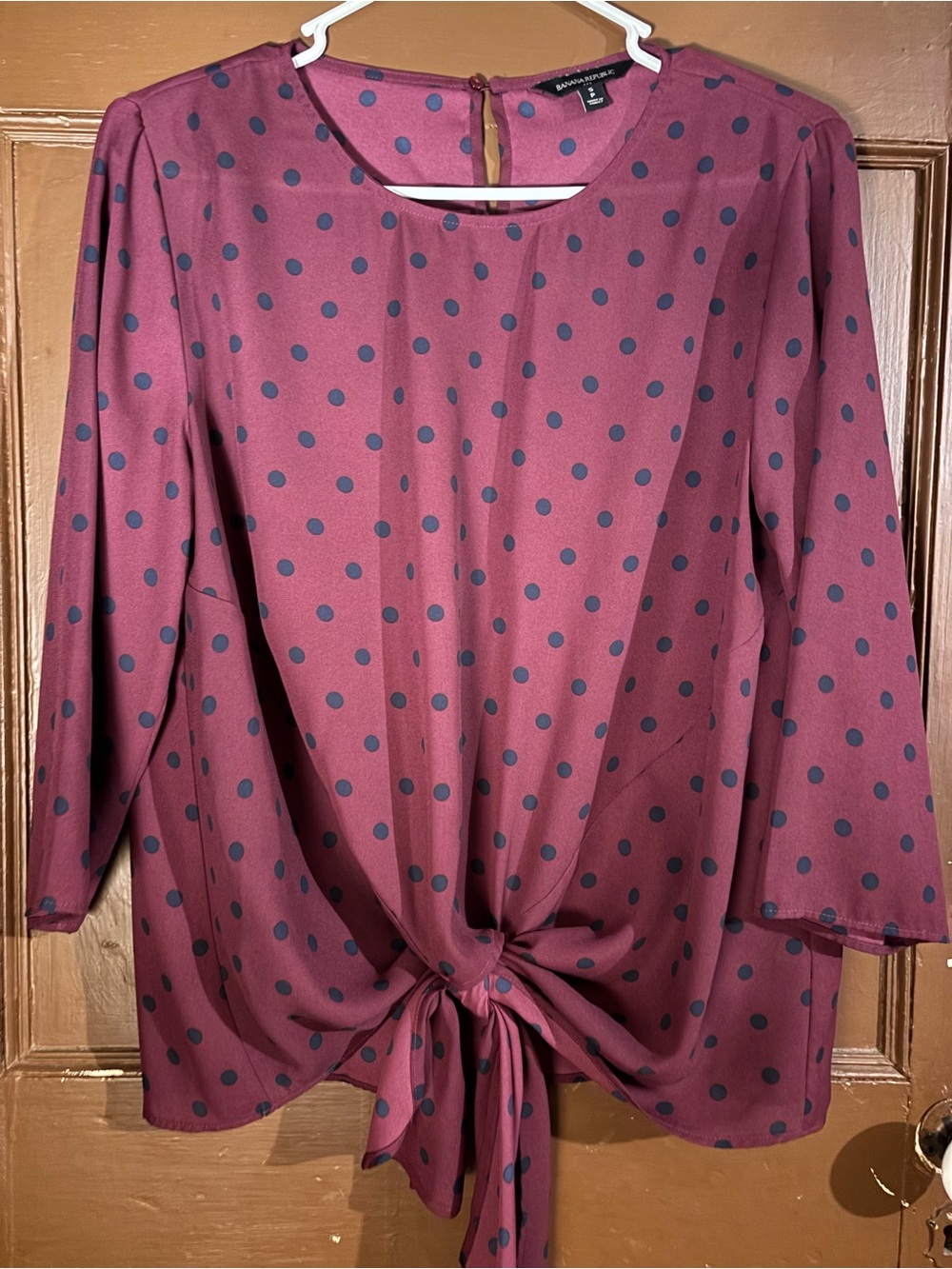 Banana Republic Wine Blouse with Navy Polka Dots and Front Tie